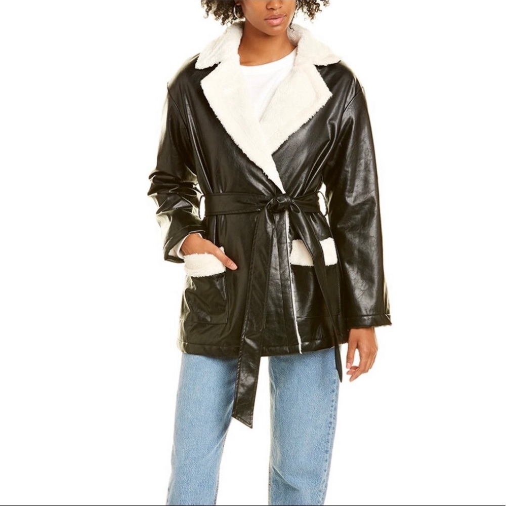 Pascale La Mode faux leather wrap jacket black w/white faux fur lining Size L